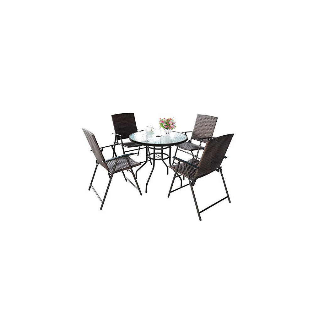 S AFSTAR 5 Pieces Patio Dining Set, 4 Folding Chairs with Table, Portable Wicker Chairs Furniture Set for Outdoor Garden Back