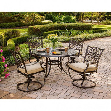Hanover Traditions 5-Piece Cast Aluminum Outdoor Patio Dining Set, 4 Swivel Rocker Chairs and 48" Round Table, Brushed Bronze