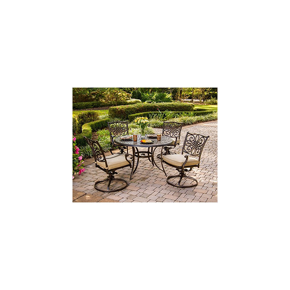 Hanover Traditions 5-Piece Cast Aluminum Outdoor Patio Dining Set, 4 Swivel Rocker Chairs and 48" Round Table, Brushed Bronze