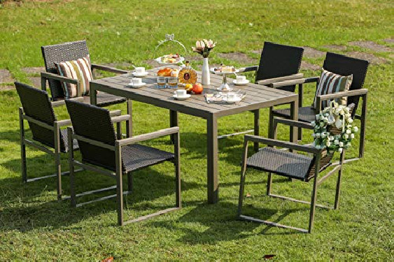 Festival Depot 7-Piece Patio Steel Dining Set 6 Seat Wicker Rattan Chairs Furniture and Table  7pc Grey 