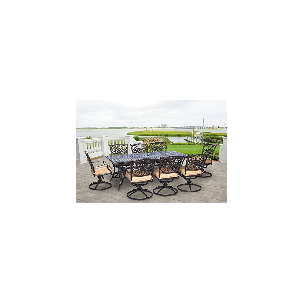 Hanover Traditions 9-Piece Cast Aluminum Outdoor Patio Dining Set, 8 Swivel Rocker Chairs and 42"x84" Rectangle Table, Brushe