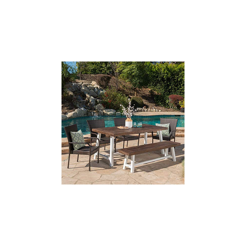 Christopher Knight Home Cecilia Outdoor 6 Piece Stacking Multibrown Wicker Dining Set with Dark Brown Sandblast Finish Acacia