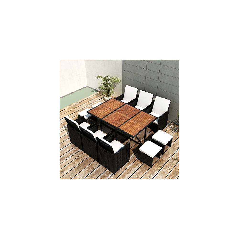 Tidyard 11 Piece Outdoor Garden Dining Set, Patio Dining Table Furniture Set, Comfortable Cushions, Poly Rattan Black, Space 