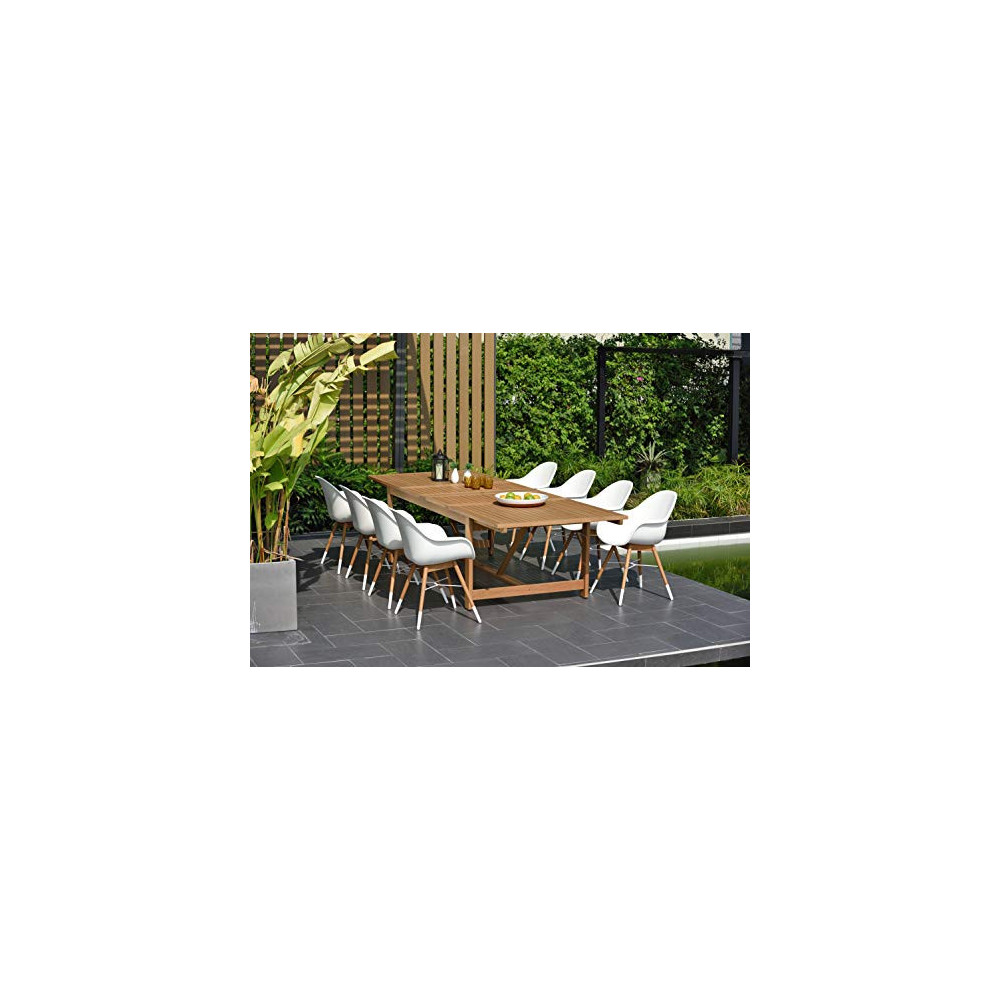 Brampton 9 Piece Outdoor Eucalyptus Extendable Dining Set | Perfect for Patio | White Chairs with Arms and Teak Finish