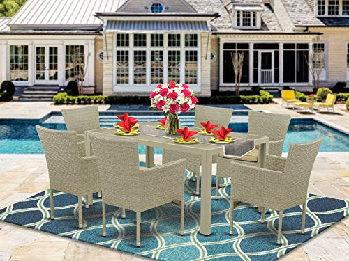 East West Furniture JUBK703A 7Pc Outdoor Natural Color Wicker Dining Set Includes a Patio Table and 6 Balcony Backyard Armcha