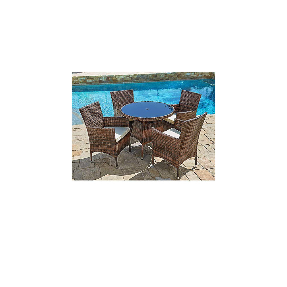 Patiomore Outdoor 5-Piece Set Furniture Round Dining Table and Chairs Washable Cushions,All-Weather Wicker, Patio, Backyard, 