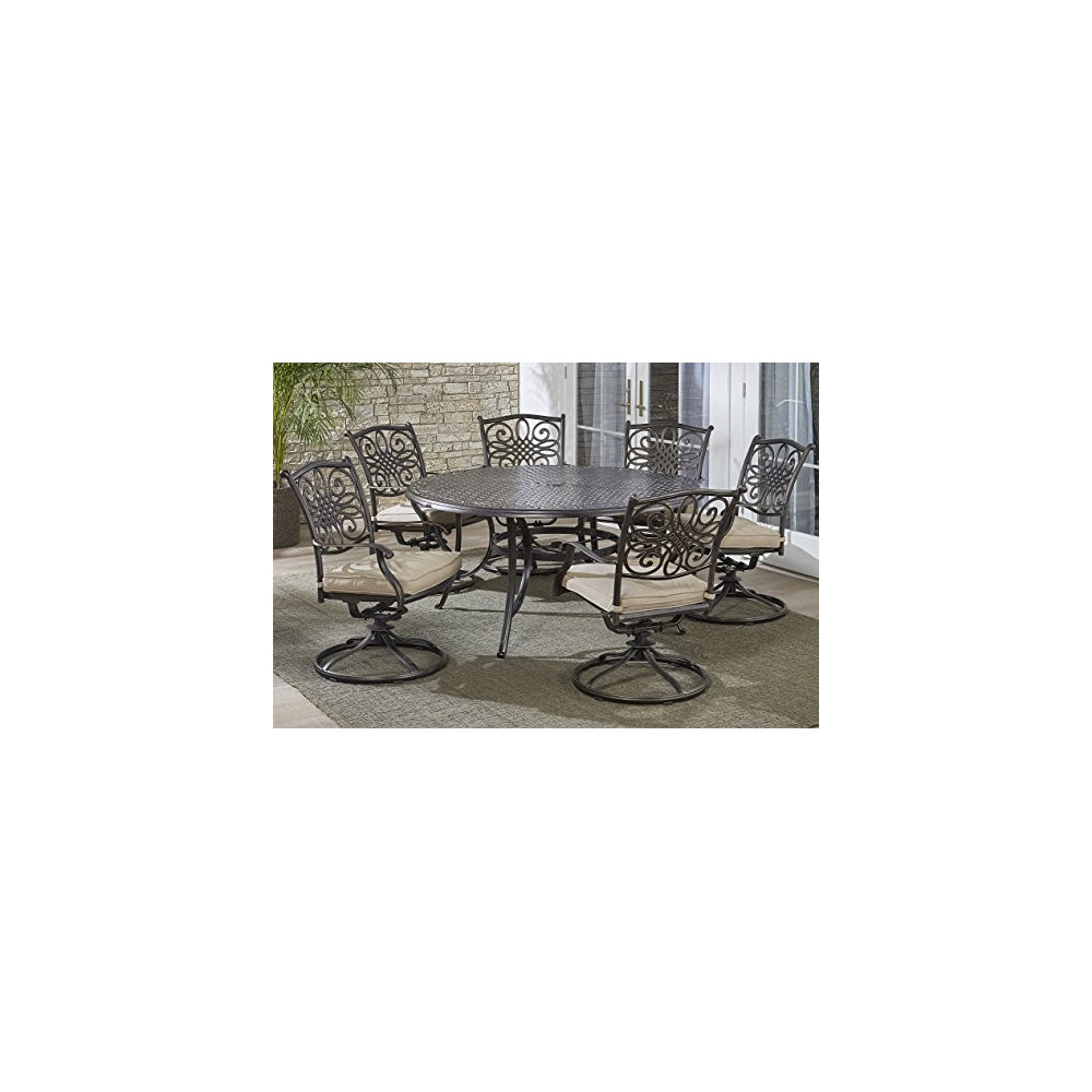 Hanover TRADDN7PCSWRD6 7-Piece Tan Six Swivel Rockers Traditions Dining Set with 60" Round Cast-top Table