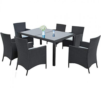 LZ LEISURE ZONE 7-Piece Outdoor Wicker Dining Set - Dining Table Set for 6 - Patio Rattan Furniture Set with Beige Cushion  B