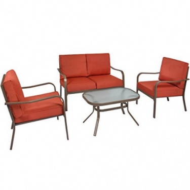 Best Choice Products 4-Piece Cushioned Patio Furniture Conversation Set w/Loveseat, 2 Chairs, Coffee Table - Red