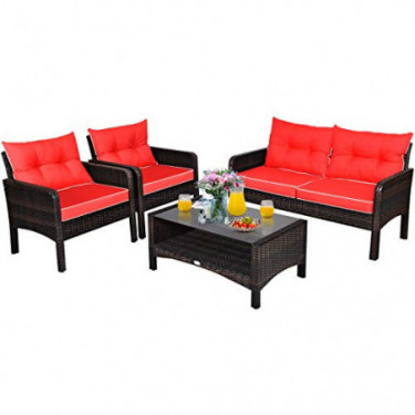 Tangkula 4 Pcs Wicker Patio Furniture Set, Outdoor Conversation Set with Tempered Glass Top Table, Sectional Wicker Sofa Set 