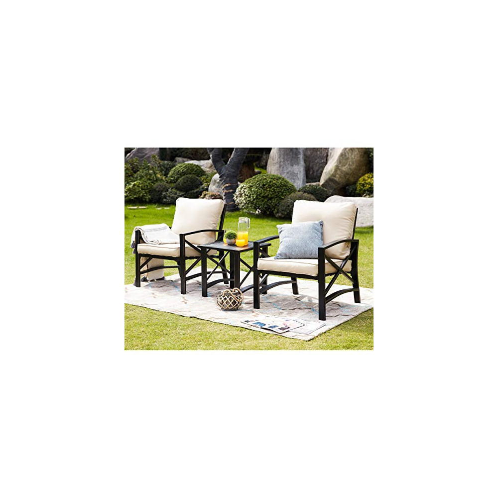 LOKATSE HOME 3 Piece Patio Conversation Set Outdoor Furniture with Coffee Table, Chair, Khaki