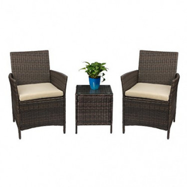 Devoko Patio Porch Furniture Sets 3 Pieces PE Rattan Wicker Chairs with Table Outdoor Garden Furniture Sets  Brown/Beige 