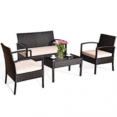 Tangkula 4 PCS Patio Furniture Sets, Rattan Chair Wicker Set, Outdoor Bistro Sets, w/Coffee Table & Washable Couch Cushions, 