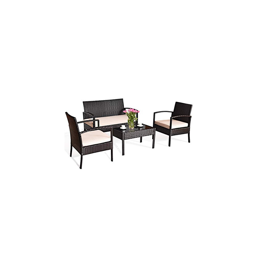 Tangkula 4 PCS Patio Furniture Sets, Rattan Chair Wicker Set, Outdoor Bistro Sets, w/Coffee Table & Washable Couch Cushions, 