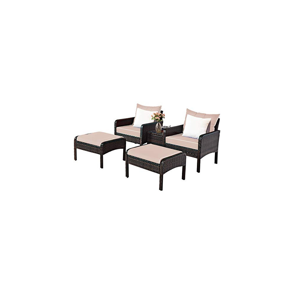 Tangkula Wicker Furniture Set 5 Pieces PE Wicker Rattan Outdoor All Weather Cushioned Sofas and Ottoman Set Lawn Pool Balcony