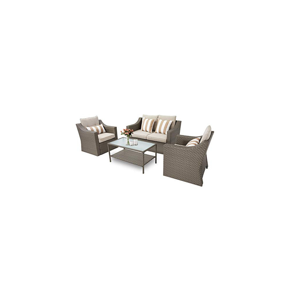 Oakmont 4-Piece Patio Conversation Set Outdoor Wicker Furniture Sofa Set with Beige Olefin Fiber Cushions and Coffee Table  G