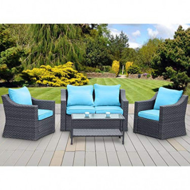 Stamo 5 Piece Outdoor Patio Conversation Furniture Sets, All Weather Charcoal PE Rattan Wicker Cushioned Sectional Sofa Chair