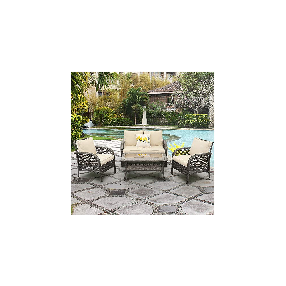 Wisteria Lane Outdoor Furniture Sets - 4 Piece Patio Conversation Set Wicker Sofa with Glass Table, Beige