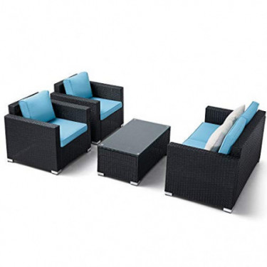 Oakmont Outdoor Patio Furniture 4-Piece Conversation Set All Weather Wicker with Sky Blue Cushion Black Coffee Table Backyard