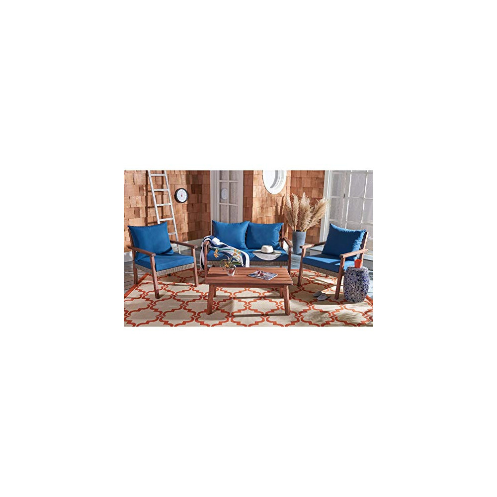 Safavieh PAT7051B Collection Reid Natural and Navy 4-Piece Outdoor Patio Set
