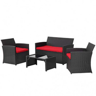 4 Pieces Outdoor Patio Furniture Set Black Wicker Rattan Cousioned Sectional Conversation Sofa with Coffee Tea Table for Back