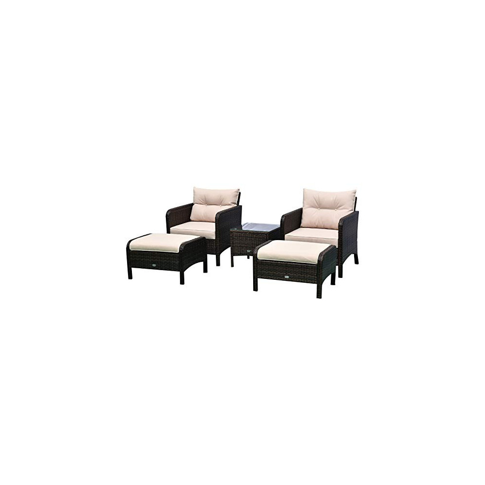 Outsunny 5 Piece Rattan Wicker Outdoor Patio Conversation Set with 2 Cushioned Chairs, 2 Ottomans & Glass Table, Beige