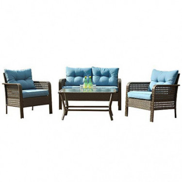Patio PE Wicker Furniture Set 4 Pieces,All Weather Patio Conversation Sets of 2 Single Sofas,1 Loveseat and Tempered Glass Ta