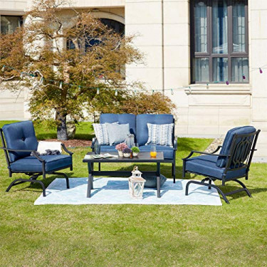 Patio Festival 4 Pices Patio Furniture Conversation Set,Metal Outdoor Furniture Set w/All Weather Cushioned Loveseat,Poolside