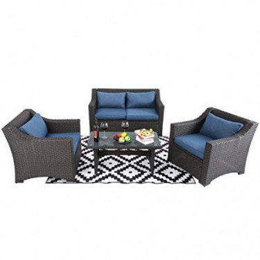 PHI VILLA Outdoor Patio Wicker Furniture Set 4 Piece Conversation Sofa Set with Upgrade All-Weather Rattan & Tempered Glass T