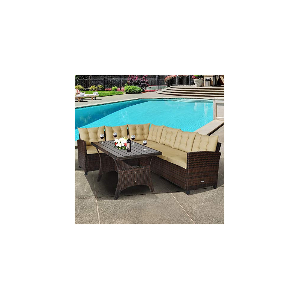 Tangkula Patio Furniture Set, 3 Pieces Outdoor Conversation Set with 6 Cushioned Seat & Coffee Table, Rattan Couch Set for Ba