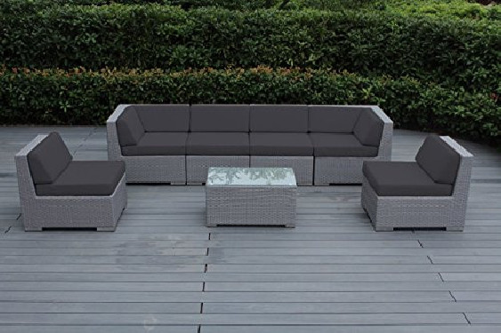 Ohana 7-Piece Outdoor Patio Furniture Sectional Conversation Set, Gray Wicker with Gray Cushions - No Assembly with Free Pati