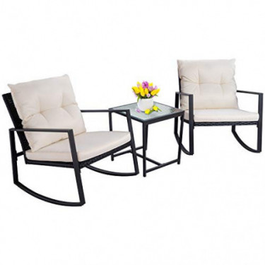 Walsunny 3 Pieces Patio Set Outdoor Wicker Patio Furniture Sets Modern Rocking Bistro Set Rattan Chair Conversation Sets with