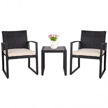 SUNLEI Outdoor 3-Piece Bistro Set Black Wicker Furniture-Two Chairs with Glass Coffee Table  Beige Cushion 