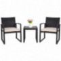 SUNLEI Outdoor 3-Piece Bistro Set Black Wicker Furniture-Two Chairs with Glass Coffee Table  Beige Cushion 