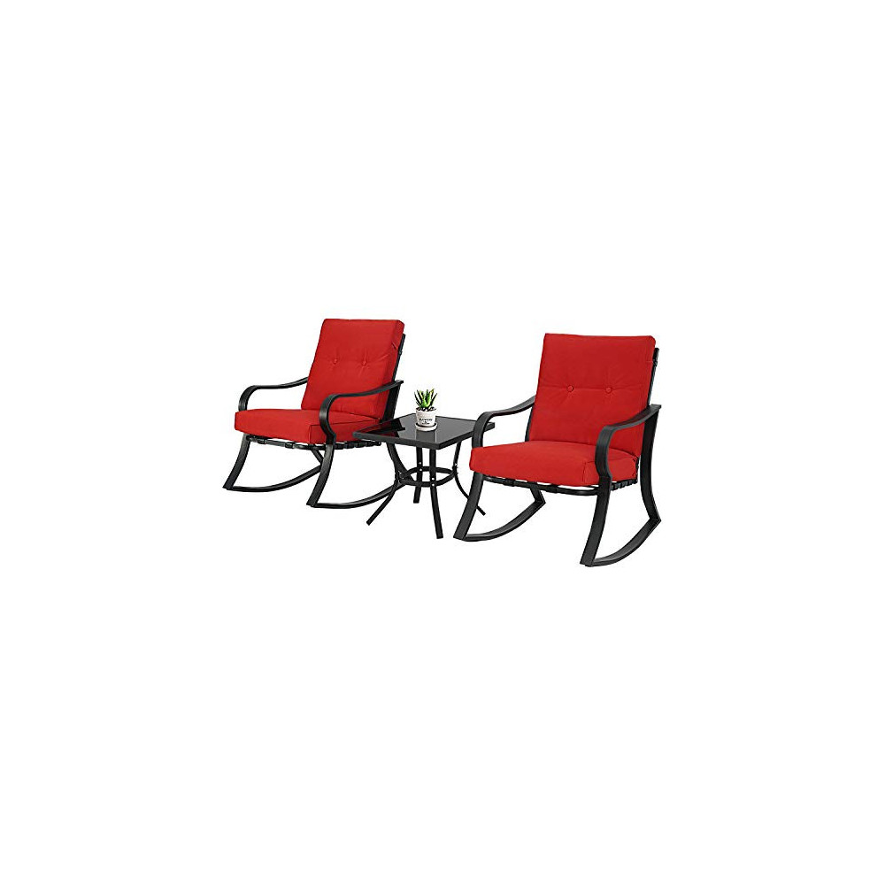 SOLAURA 3-Piece Outdoor Rocking Chairs Bistro Set, Black Steel Patio Furniture with Red Thickened Cushion & Glass-Top Coffee 