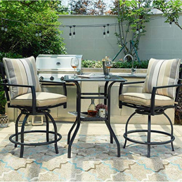 PatioFestival 3 Pcs Outdoor Height Bistro Chairs Set Patio Swivel Bar Stools with 2 Yard Armrest Chairs and 1 Glass Top Table
