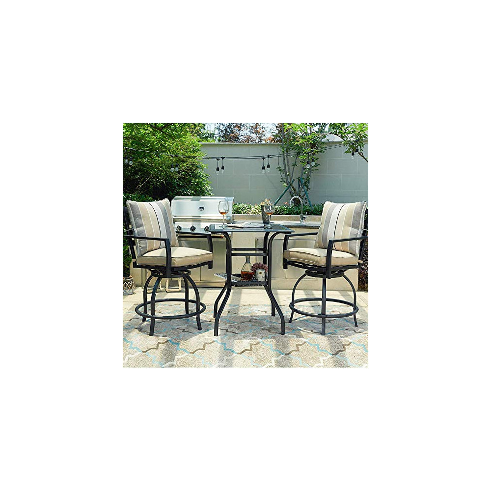PatioFestival 3 Pcs Outdoor Height Bistro Chairs Set Patio Swivel Bar Stools with 2 Yard Armrest Chairs and 1 Glass Top Table