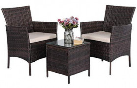 Yaheetech 3 Pieces Patio Furniture Sets PE Rattan Wicker Chairs Beige Cushion with Table Outdoor Garden Brown