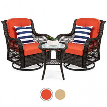 Best Choice Products 3-Piece Outdoor Wicker Patio Bistro Set w/ 2 360-Degree Swivel Rocking Chairs and Tempered Glass Top Sid