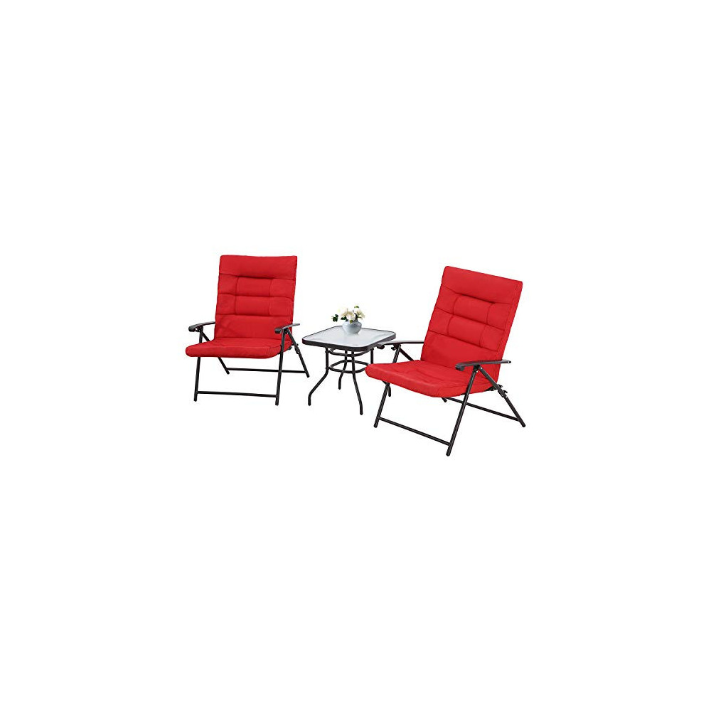 SOLAURA 3-Piece Patio Adjustable Padded Folding Bistro Set with Recliner Black Metal Outdoor Chair with Coffee Table  Red 