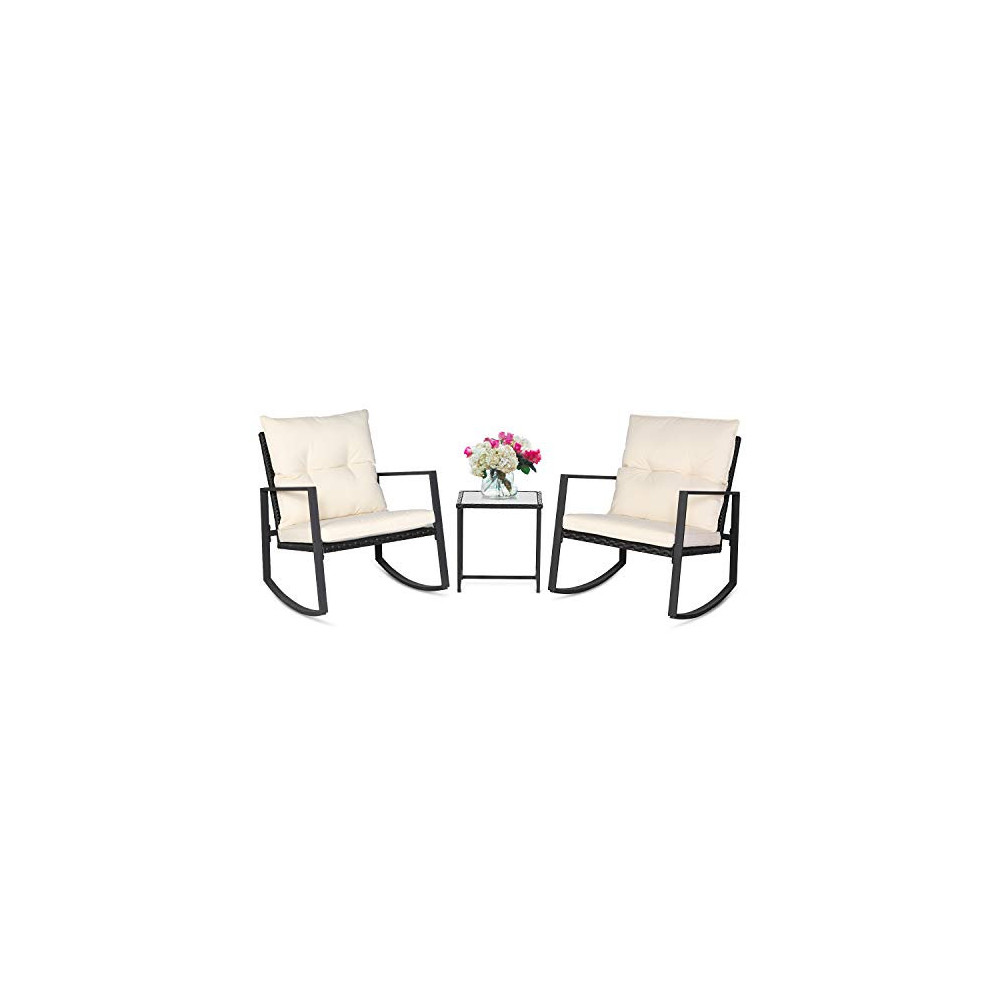 SUNCROWN Outdoor 3-Piece Rocking Bistro Set: Black Wicker Furniture-Two Chairs with Glass Coffee Table  Beige Cushion 
