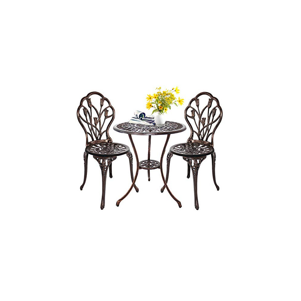 HOMEFUN Bistro Table Set, Outdoor Patio Set 3 Piece Table and Chairs, Tulip Carving and Weather Resistant  Antique Bronze 