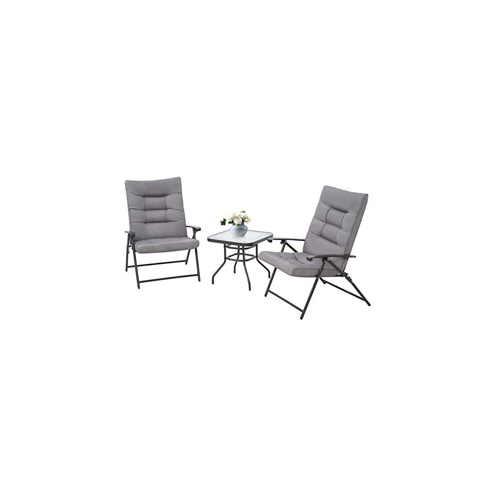CrownLand Patio Thicken Folding Chair Outdoor Lounge Chairs Padded 3 Pieces Set with Coffee Table, Bistro, Backyard, Deck  Gr