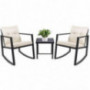 Devoko 3 Piece Rocking Bistro Set Wicker Patio Outdoor Furniture Porch Chairs Conversation Sets with Glass Coffee Table  Beig