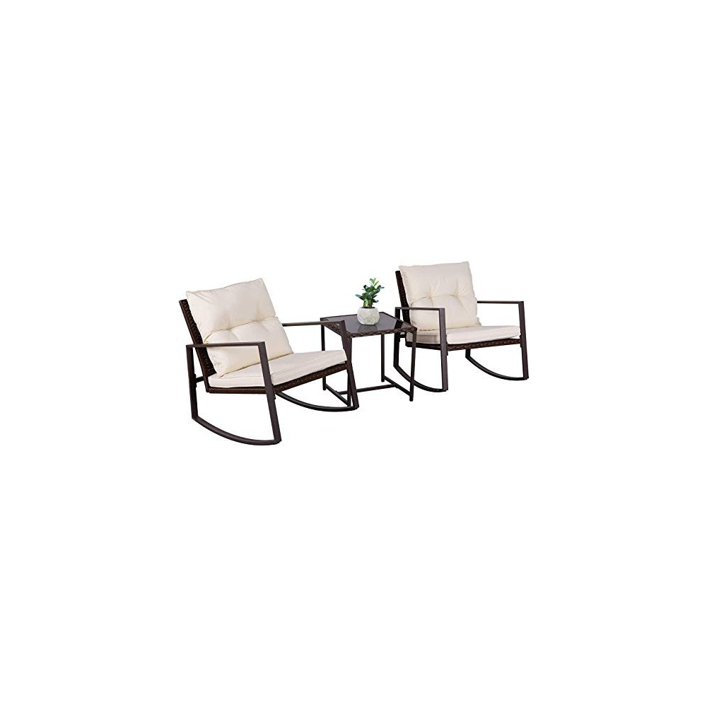 Oakmont Outdoor 3-Piece Patio Furniture Rocking Chair Bistro Set, Brown Wicker Conversation Set with Tempered Glass Coffee Ta