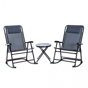 Outsunny 3 Piece Outdoor Rocking Bistro Set, Patio Folding Chair Dining Table Set, Grey