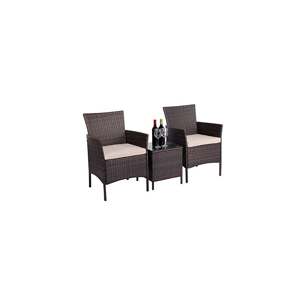Yaheetech 3 Piece Wicker Set Rattan Chairs and Coffee Table with Beige Cushion PE Wicker Stacking Chair Side Table Home Furni