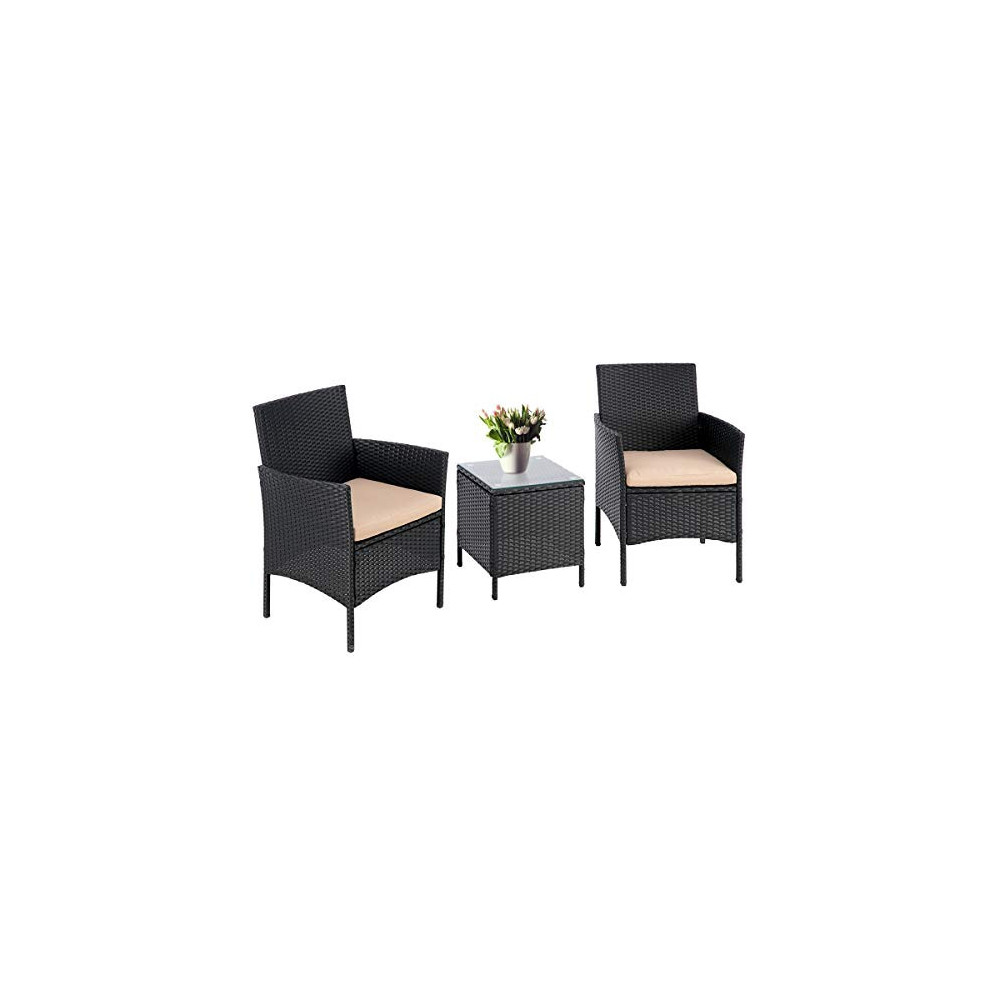 SUNCROWN 3-Piece Patio Bistro Outdoor Furniture Set, All-Weather Black Wicker and Glass Side Table, Brown Cushion