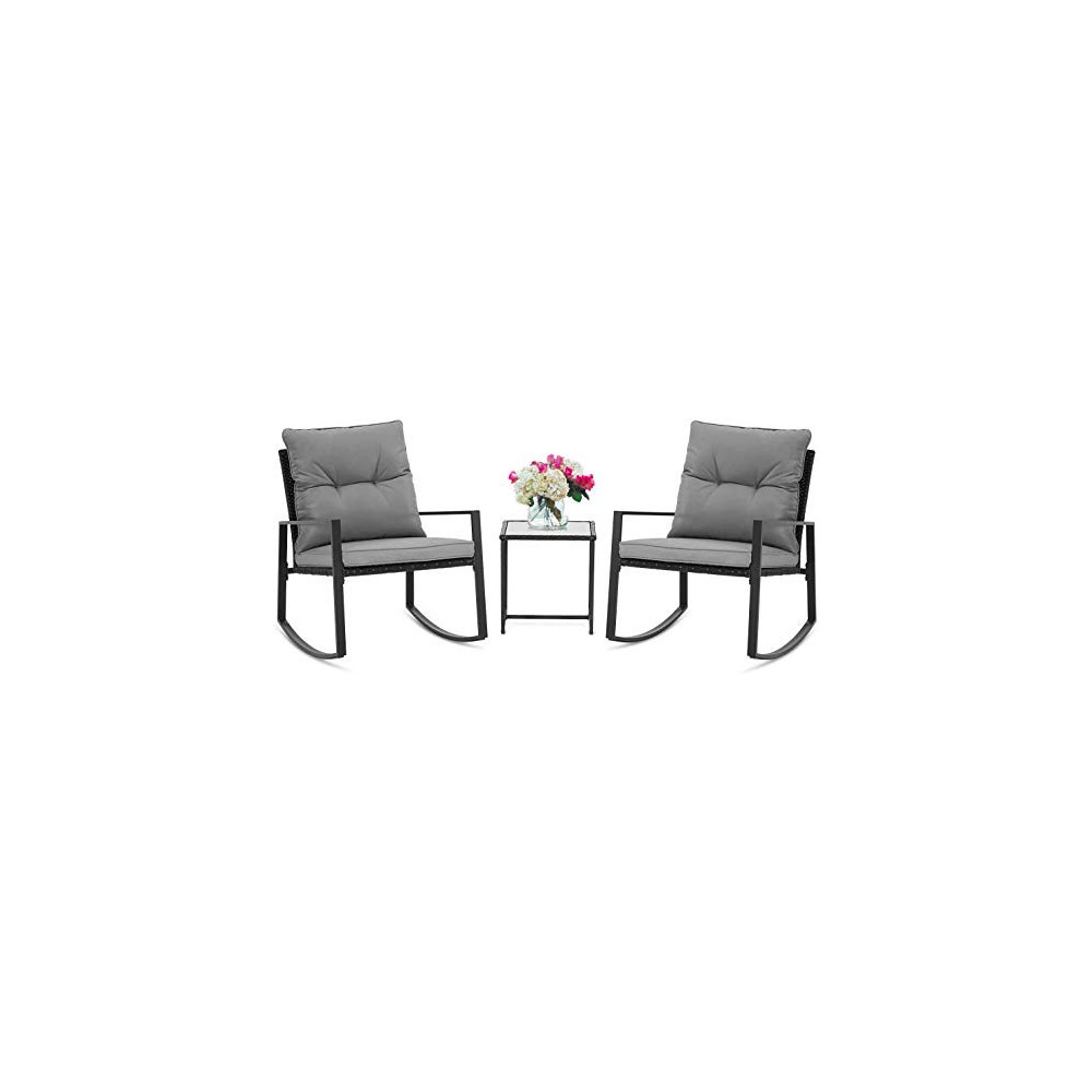 BonusAll 3 Pieces of Outdoor Patio Furniture Rocking Chair Bistro Sets Wicker Black Chair and Coffee Table  Grey Cushion 