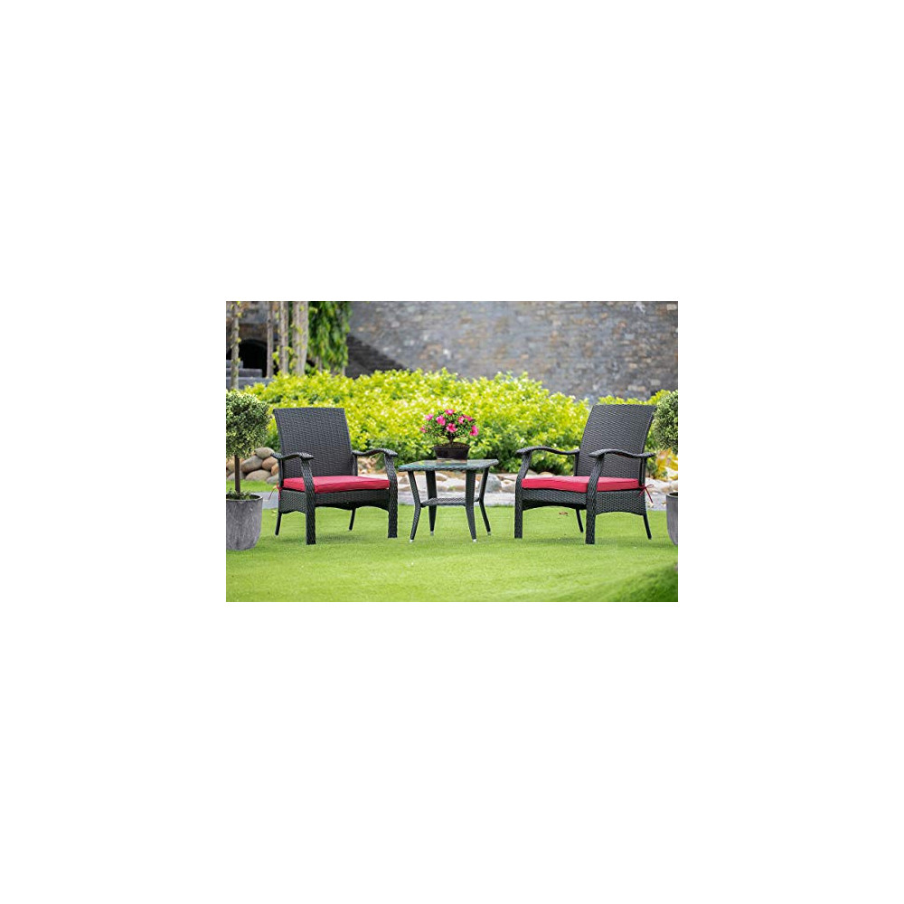 East West Furniture 3Pc Outdoor Black Wicker Dining Set Includes a Patio Tea Table and 2 Balcony Backyard Armchair with Linen